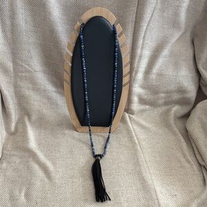 Elegant Blue Lapis Beaded Necklace with Black Leather Tassel